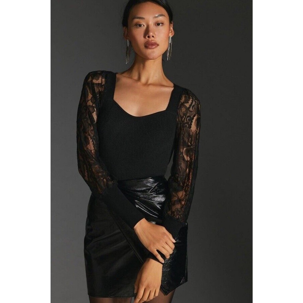 Anthropologie Lace Sleeve Sweater Black New XXS